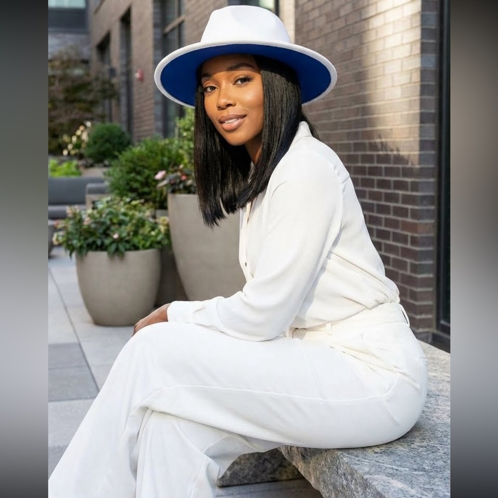 Two Color White and Blue Felt Flat Brim Fashion Fedora Hat